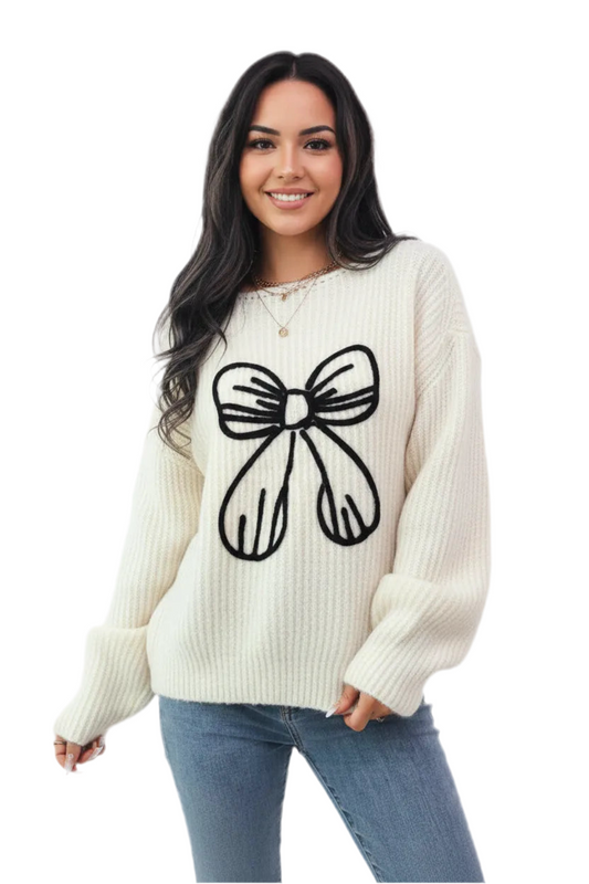 Sweter z haftowaną kokardą casual