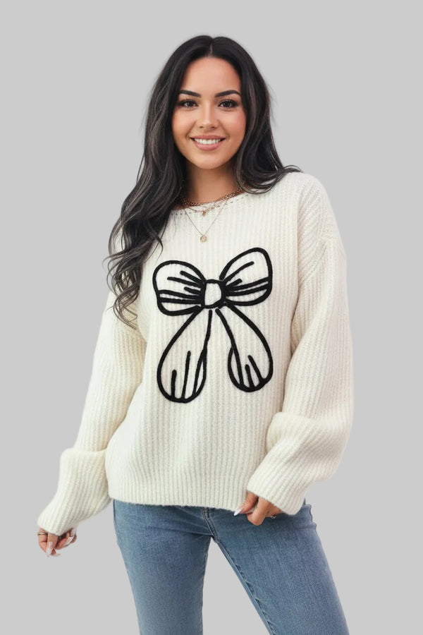 Sweter z haftowaną kokardą casual