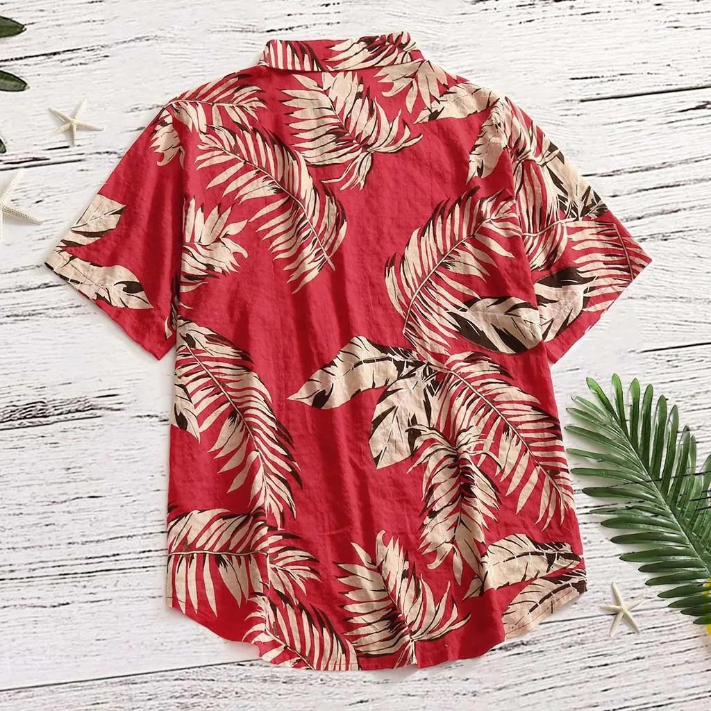 Tropical Leaf Print Red Shirt